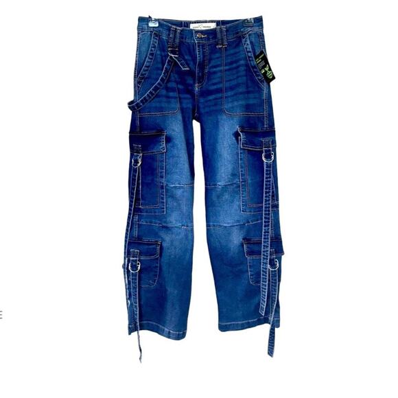 ECO FRIENDLY STRAPPY CARGO JEANS PANTS LOVE TREND Y2K NWT 27-30" - Picture 2 of 8